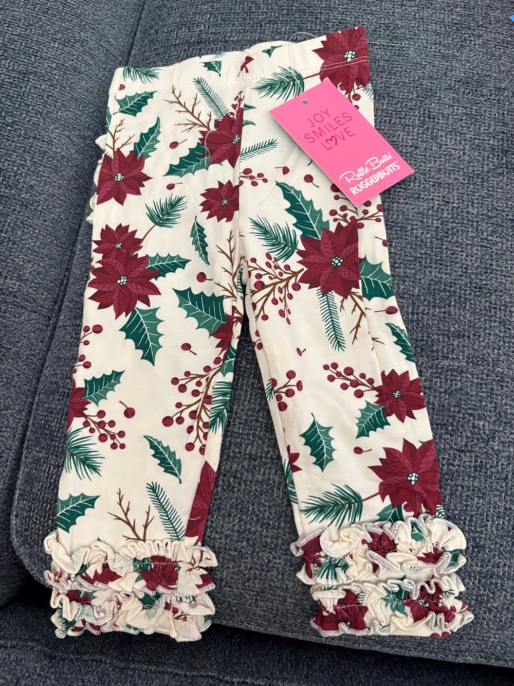 Ruffle Butts Cream Leggings with Red Poinsettias & Green Holly